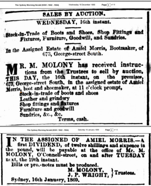 Newspaper classified ad about the financial problems of Amiel Morris in 1868-9