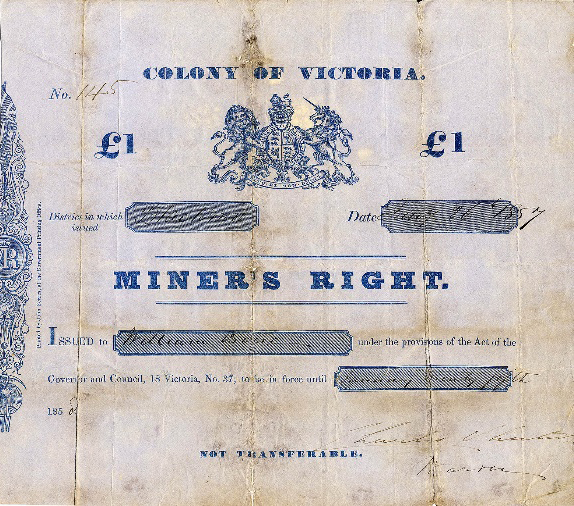 Miner's Right licence issued in Victoria in 1857