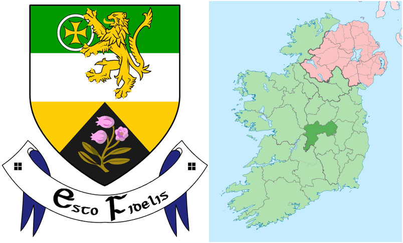 Myles Malone and his wife Anne lived in Offaly Ireland Crest and Location as detailed by Wikipedia