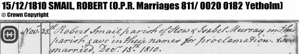 Extract from Marriage record for Robert Smail and Isabel Murray