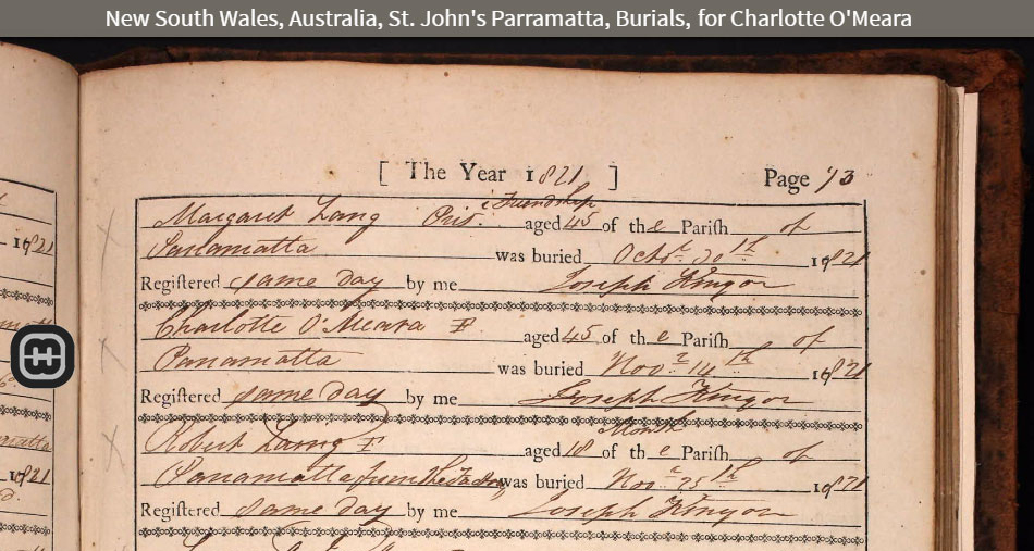 Burial Register at St Johns Parramatta 14Nov1821 - Charlotte O'Meara