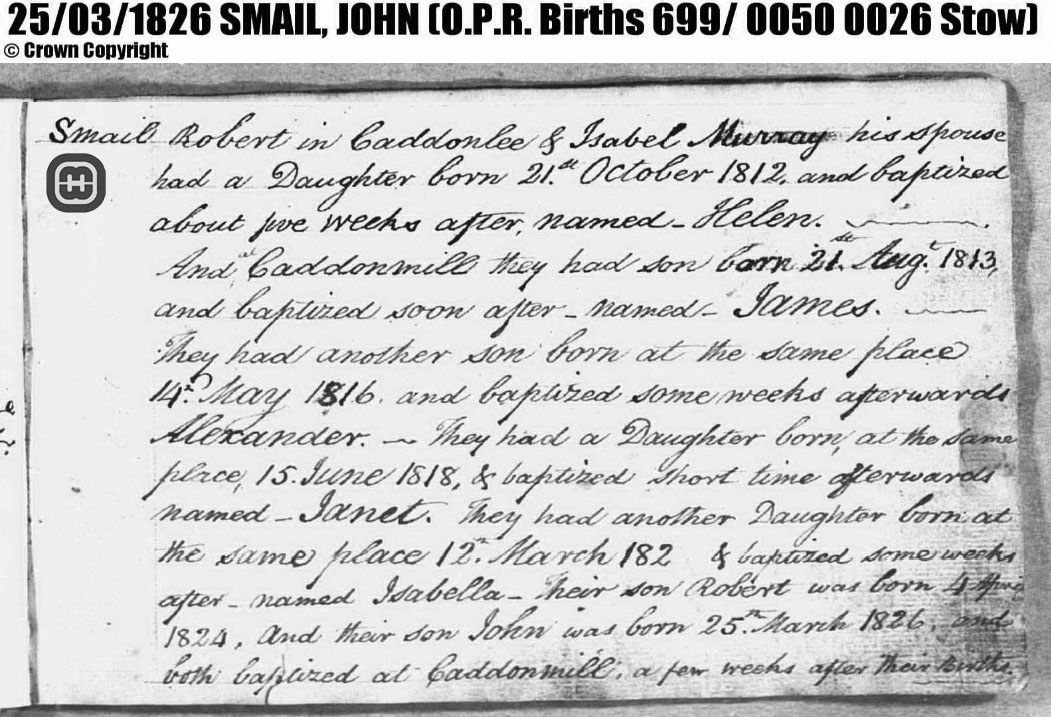 Extract from Records showing the children of Robert Smail and Isabel Murray