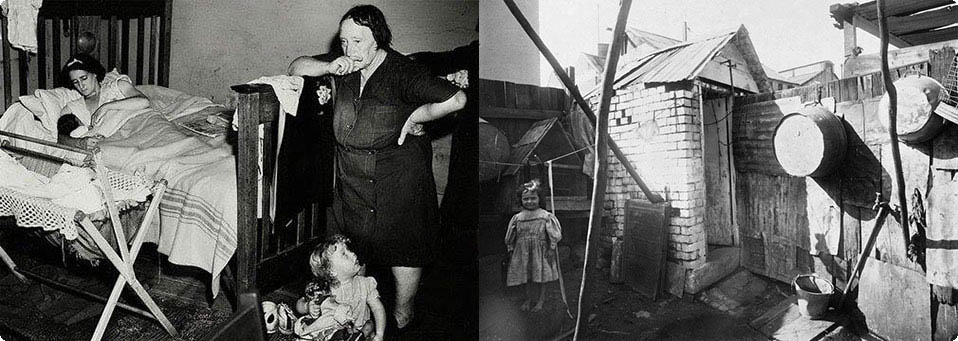 Left Picture: Sydney, ...cramped terrace house, Redfern, 1949, this lady lived with three other families in a cramped situation having recently had a new baby arrival and asked a passing photographer to document her situation. She had just been given a eviction notice.The photo featured in a magazine brought out by the Daily Telegraph. Right Picture: Shoeless girl in Sydney backyard. Source Unknown