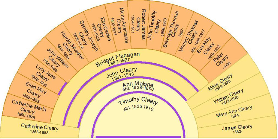 Descendant Fan Chart of Timothy Cleary and Ann Malone