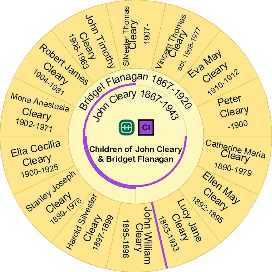 Fan Chart showing the children of  John Cleary and Bridget Flanagan
