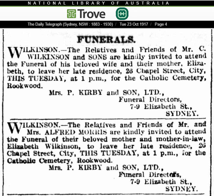 Family Notice in the Sydney Daily Telegraph advising about the funeral of Elizabeth Ann Wilkinson
